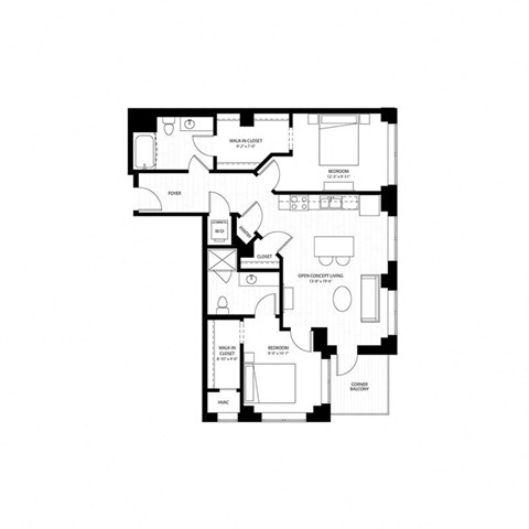 Floor plan for 2 beds, 2 baths, 1003 sqft